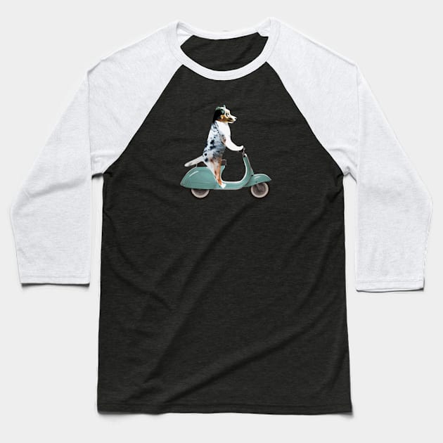 Australian Shepherd on a Scooter Funny Baseball T-Shirt by sketchpets